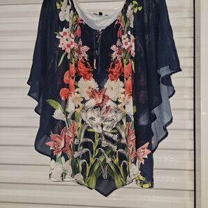 Plus Size Poncho style Blouse Blue with Flower print.